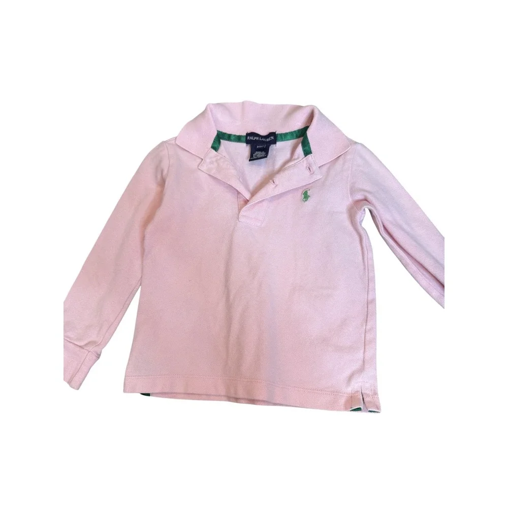 Ralph Lauren Polo Shirt Girls 2T Pink Long Sleeve Stretch‎ Top Green Pony Logo